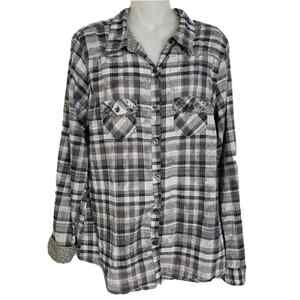 Maurices Premium Womens Top Shirt Large Gray Plaid Button Flip Cuff Embellished